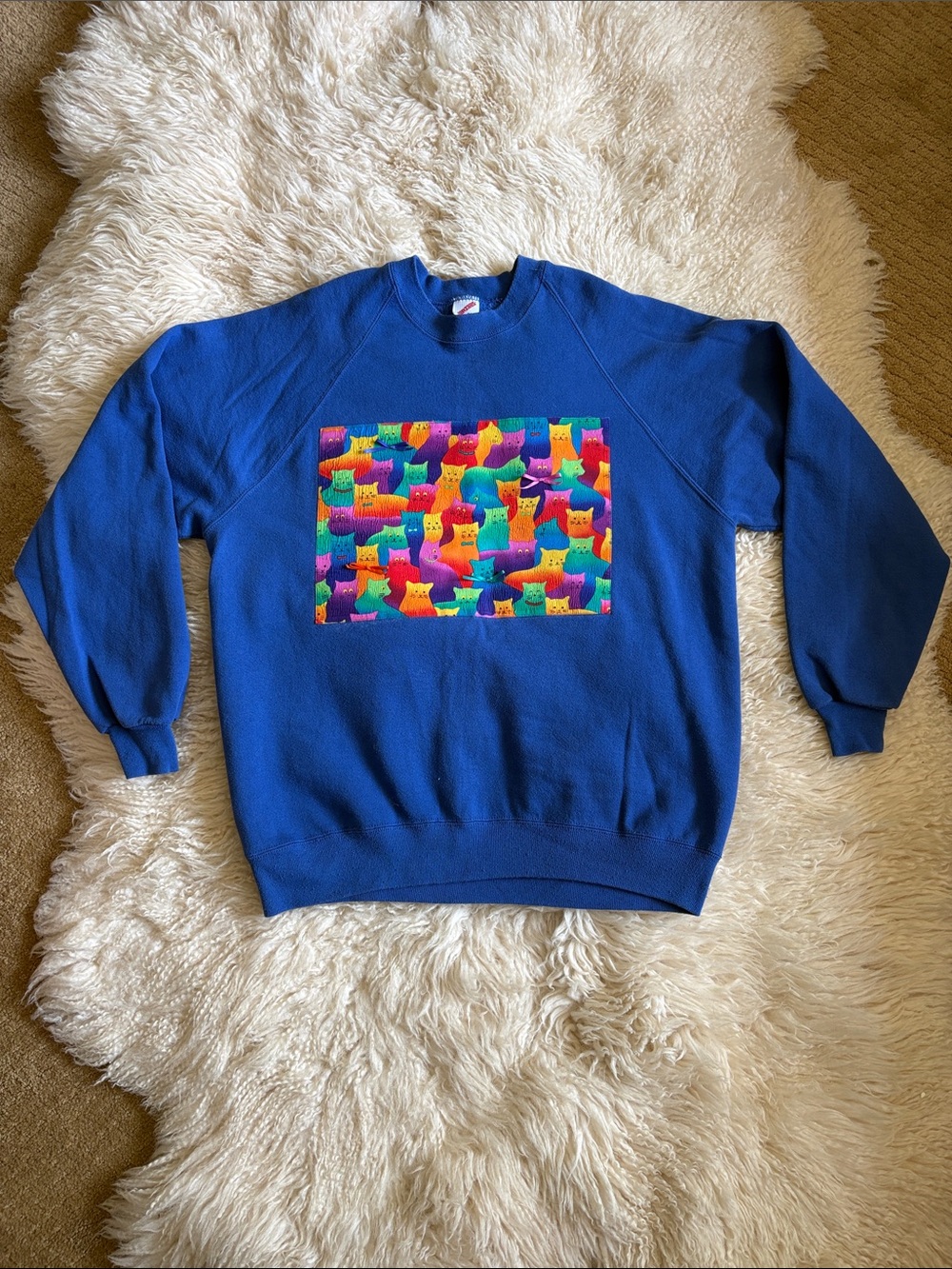 Vintage 90s Jerzees Rainbow Cat Patch Sweatshirt Blue Crewneck XL